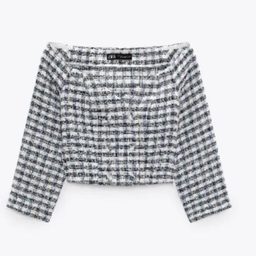 ZARA Women's Textured Off Shoulder Tweed Cropped Plaid Top Blue White Large NWT - Picture 3 of 13